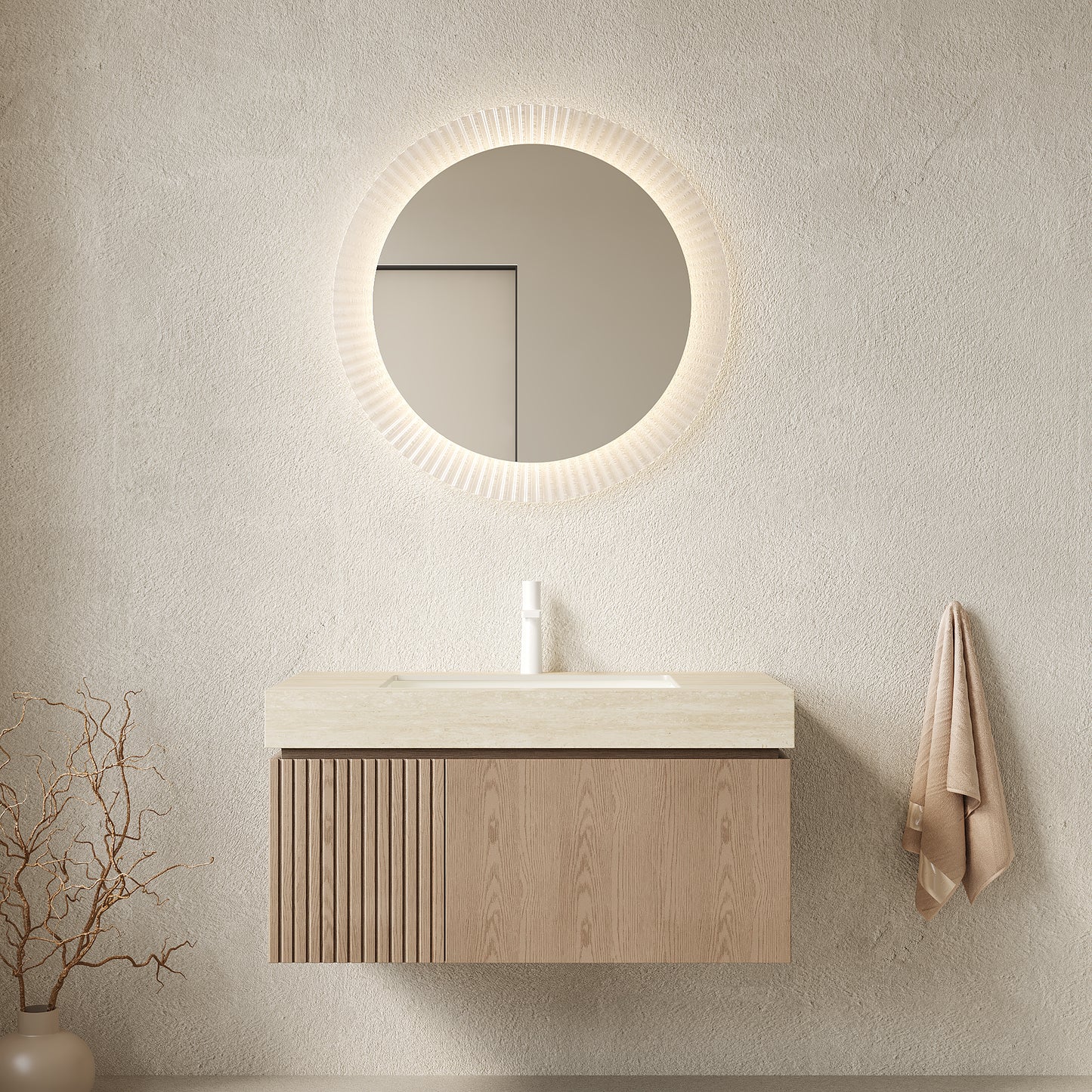 MURI 36' Bathroom Vanity&Sink, Floating Plywood Storage Cabinet with Drawer&Door, Roma Travertine Sintered Stone Top&Ceramic Basin with 1 Pre-drilled Faucet Hole, Pre-assembled, Heidelberg Woodgrain