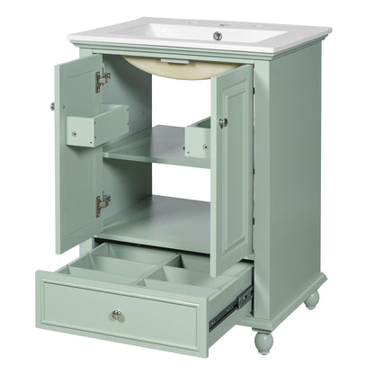 Modern Green Bathroom Vanity with Ceramic Sink, Cabinet with Drawer and Dividers, 24'' Rectangular Storage Unit