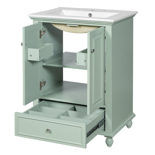 Modern Green Bathroom Vanity with Ceramic Sink, Cabinet with Drawer and Dividers, 24'' Rectangular Storage Unit
