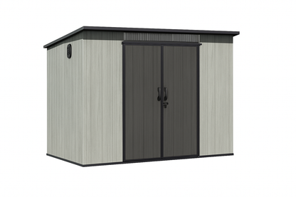 6x9FT Outdoor Resin Storage Shed with Transparent Windows & Louvered Vents, Plastic Tool Shed with Double Lockable Doors & Sloping Roof, Outside Garden Shed for Backyard, Patio, Lawn, Gray