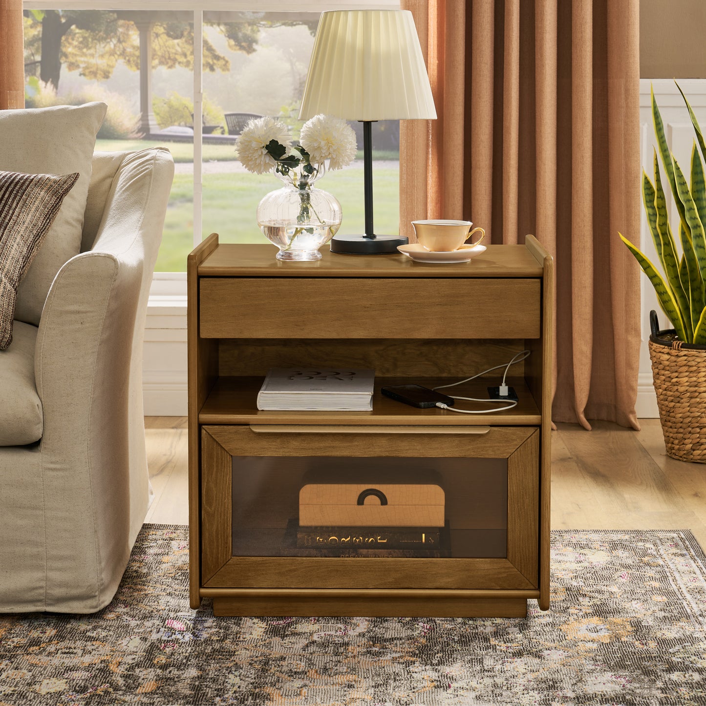 Mid Century Modern Nightstand with Charging Station & Outlet Hole & 2 Drawers, Farmhouse End Table with Open Shelf & Glass Drawer Dresser, Side Cabinet for Living Room Reception Room Dorm-Light Walnut