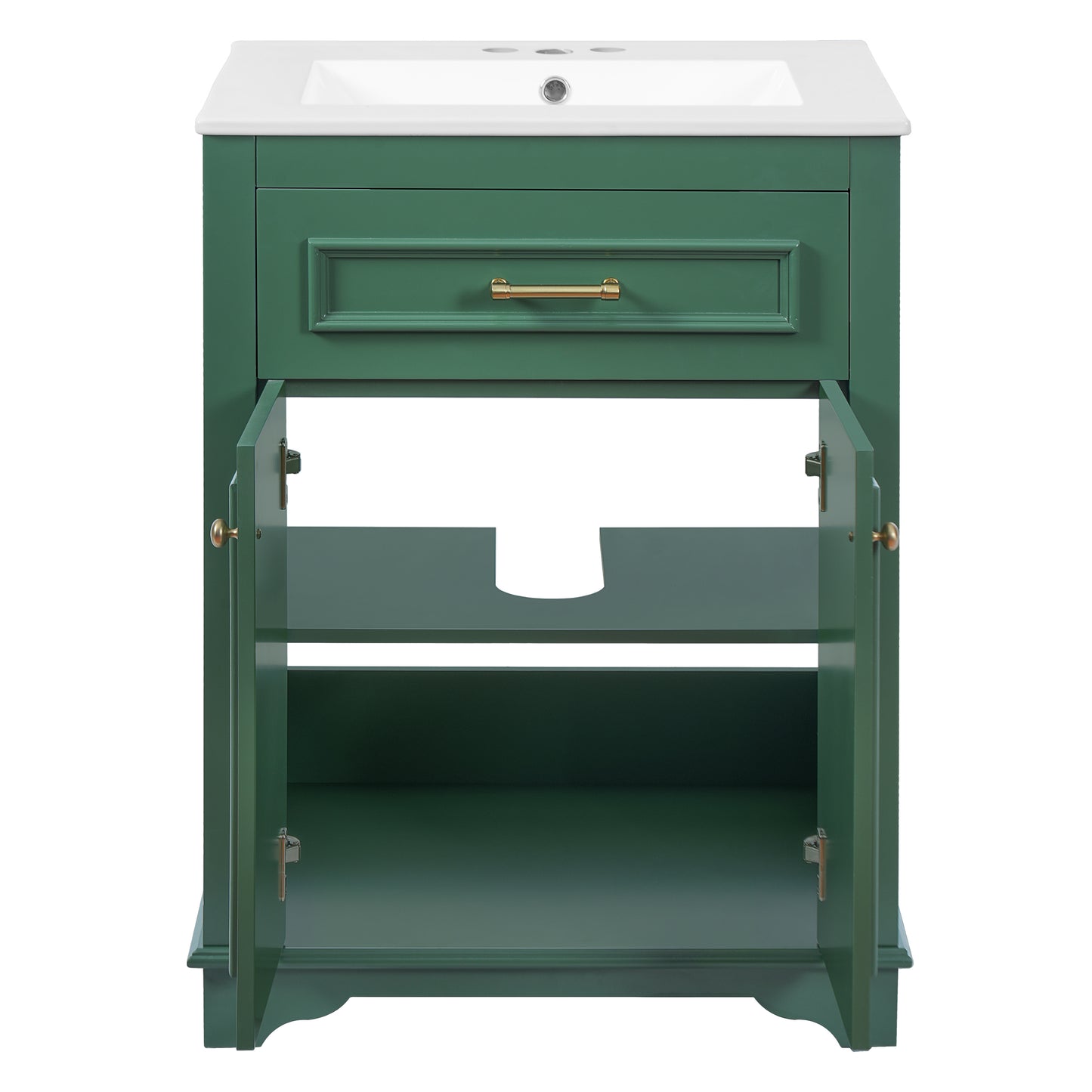 Modern Green Bathroom Vanity with Integrated Ceramic Sink, 24' Single Sink Cabinet with 2 Doors and Tip-Out Drawer, Solid Wood Frame and MDF Construction