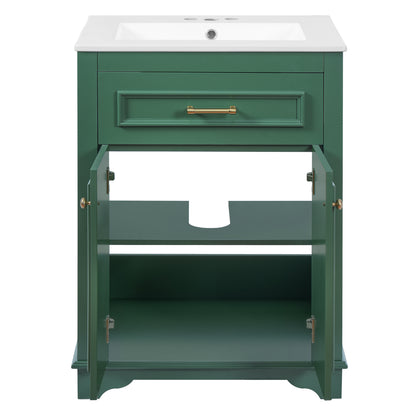 Modern Green Bathroom Vanity with Integrated Ceramic Sink, 24' Single Sink Cabinet with 2 Doors and Tip-Out Drawer, Solid Wood Frame and MDF Construction