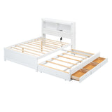 White Full Size Platform Bed with Trundle, Drawers, USB Ports and Built-in Shelves, Pine Wood Construction