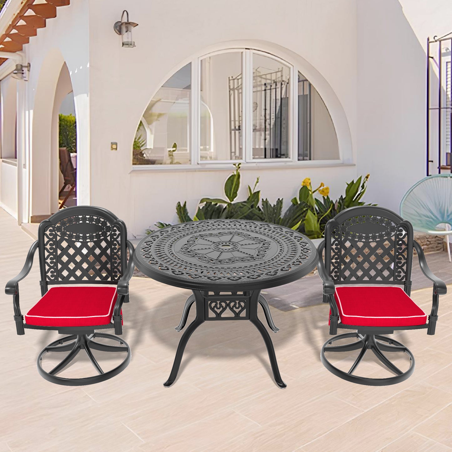 3-Piece All-Weather Cast Aluminum Dining Set, Include 2 Swivel Chairs and 39.37' Round Table With Black Frame