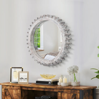 Vintage 17'' x 17'' Wood Round Hanging Gear Shape Decorative Mirror Patchwork Effect With Large-size Mirrors  Individually On Art Walls,Sold Individually(Antique White Washed)