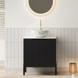 TURIO 24' Bathroom Vanity with Sink, Freestanding Bathroom Storage Cabinet with 2 Doors, White Bowl Ceramic Basin with Stone Pattern and Carrara White Sintered Stone Countertop, No Faucet, Black Color