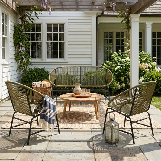 NUSA OUTDOOR PATIO 4-PCS CHAT SET, GREEN PE RATTAN & IRON FRAM FURNITURE, ACACIA WOOD TABLE