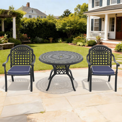 3-Piece Set Of Cast Aluminum Patio Furniture With Blue Cushions