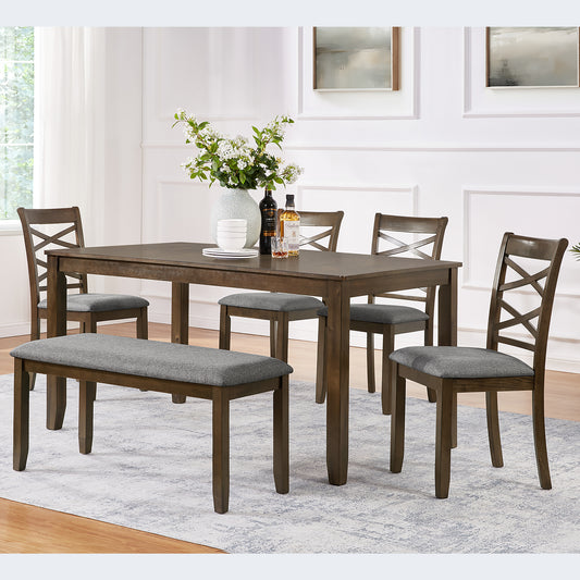 Elegant 6-piece Wooden Dining Table Set with 4 Chairs and a Bench. Modern Dining Table Set for 6 People, Rectangular Dining Table Set for Living Room, Kitchen and Dining Room, Walnut