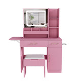 Pink Vanity Desk with LED Mirror Lights and Power Outlet Charging Station, Makeup Dressing Table with 3 Drawers, 7 Shelves, Storage Stool for Girls and Women