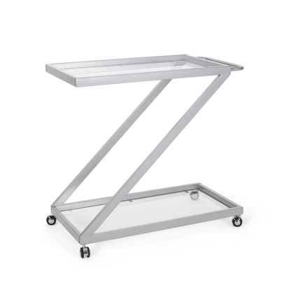 Modern Z-Shaped Bar Cart with Tempered Glass Shelves in Silver Glass+Metal
