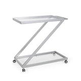 Modern Z-Shaped Bar Cart with Tempered Glass Shelves in Silver Glass+Metal