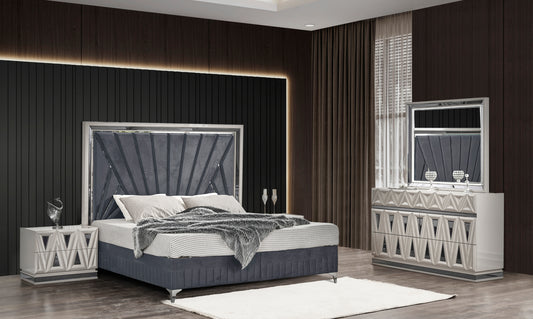 Lavita Modern & Contemporary Style 4 Pc Queen Upholstered Bedroom Set Made with Wood and Gold Accents in River Sand Grey (NJ Inventory)