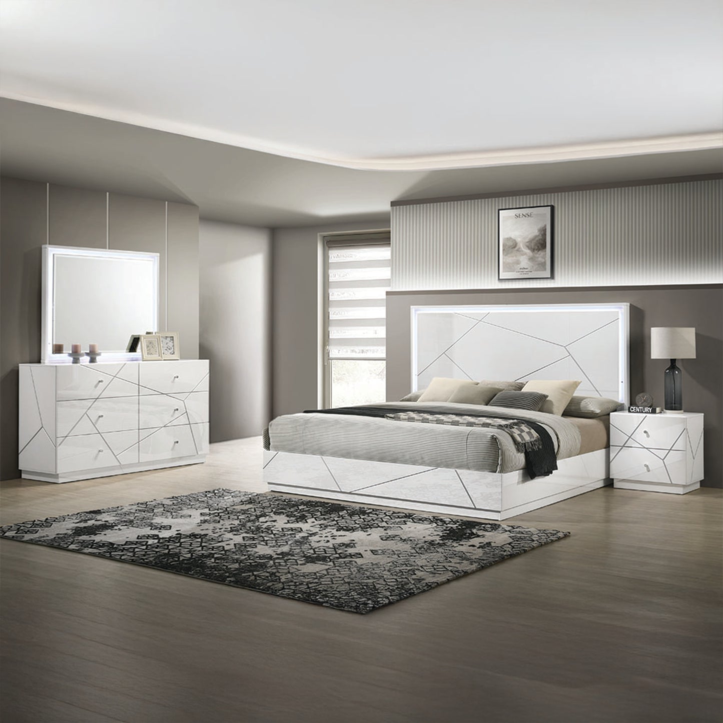 Manhattan Queen 4-Piece Bedroom Set – Modern Design with Lacquer Finish, Geometric Accents, and LED Lighting (NJ Inventory)