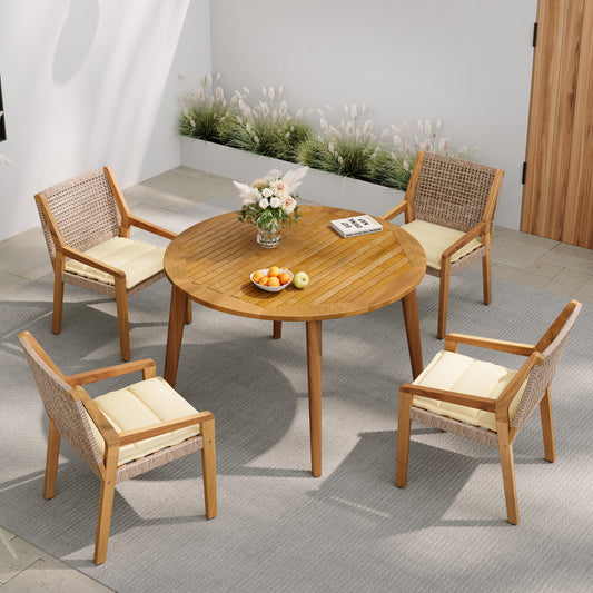 Outdoor Dining Set – Premium Acacia Wood Stamford Table & Wicker Chairs with Cream Cushion for Comfortable Dining Experience,Suitable for large gatherings(1 Table + 4 Chairs)