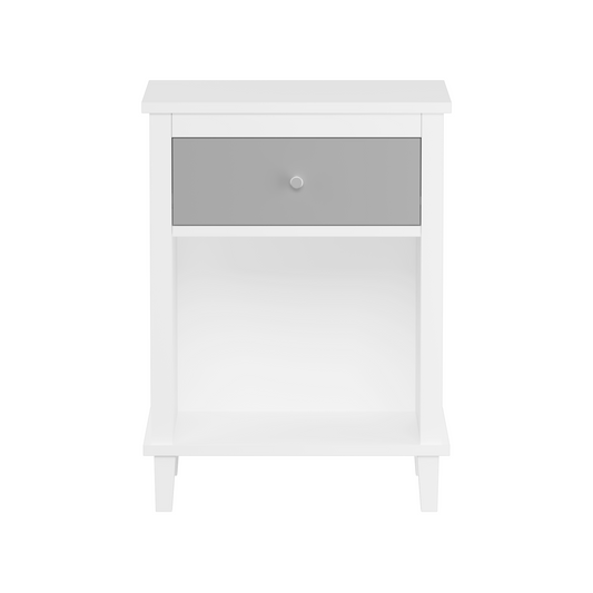 Gray+Silver Handle Wooden Nightstand 26.77''H with One Drawer One Shelf for Kids and Adults, White+Gray Finish MDF