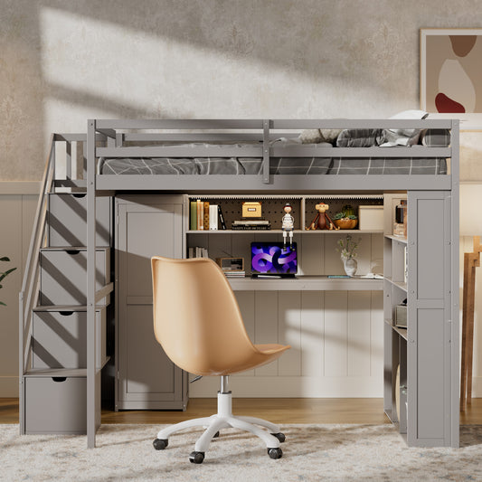 Full Loft Bed Frame with Built-In Wardrobe, Study Desk, Storage Shelves &  Lights, Space-Saving Design for Bedroom-GREY