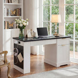 55' Modern Fluted Office Desk with Storage Cabinet & Drawers, Computer Writing Desk with Power Outlet, Pegboard, Built-in Shelves and Keyboard Tray for Study, Living Room, Home Office, White