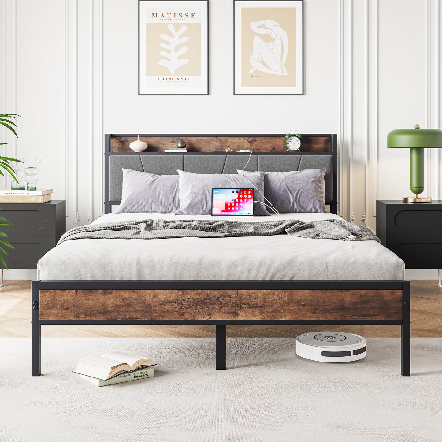 Queen Size Bed Frame, Storage Headboard with Charging Station, Solid and Stable, No Box Spring Needed, Easy Assembly, Vintage Brown and Gray