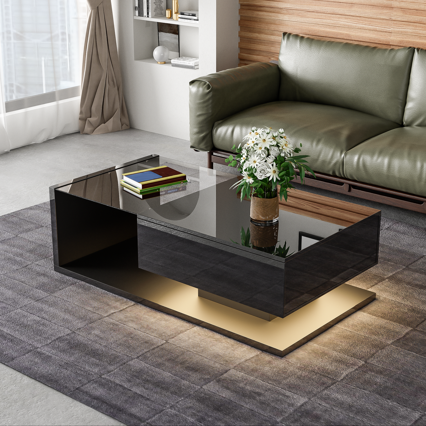 Coffee Table, High-Gloss Black, Side Tables, Coffee Tables with Glass and LED Effect