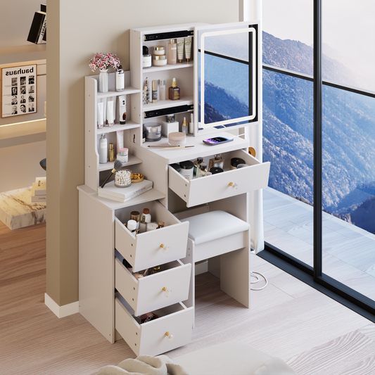 29.2' Small Size Bedside Cabinet Vanity Table + Cushioned Stool, 2 AC+2 USB Power Station, Hair dryer bracket, Extra Large Touch Control Sliding LED Mirror, 3-color Switching, EPA, GCC, UL Certificate