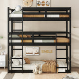 Triple Rubber Wood Bunk Bed with Two Built-in Ladders, Guardrails, Twin over Twin over Twin, Detachable Triple Twin Bunk Bed,Black