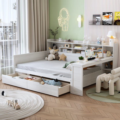 Wooden Full Size Daybed with Storage Shelves, Multi-functional Bed with Two Storage Drawers and  Study Desk, Antique White (Old SKU: N733S241486K)