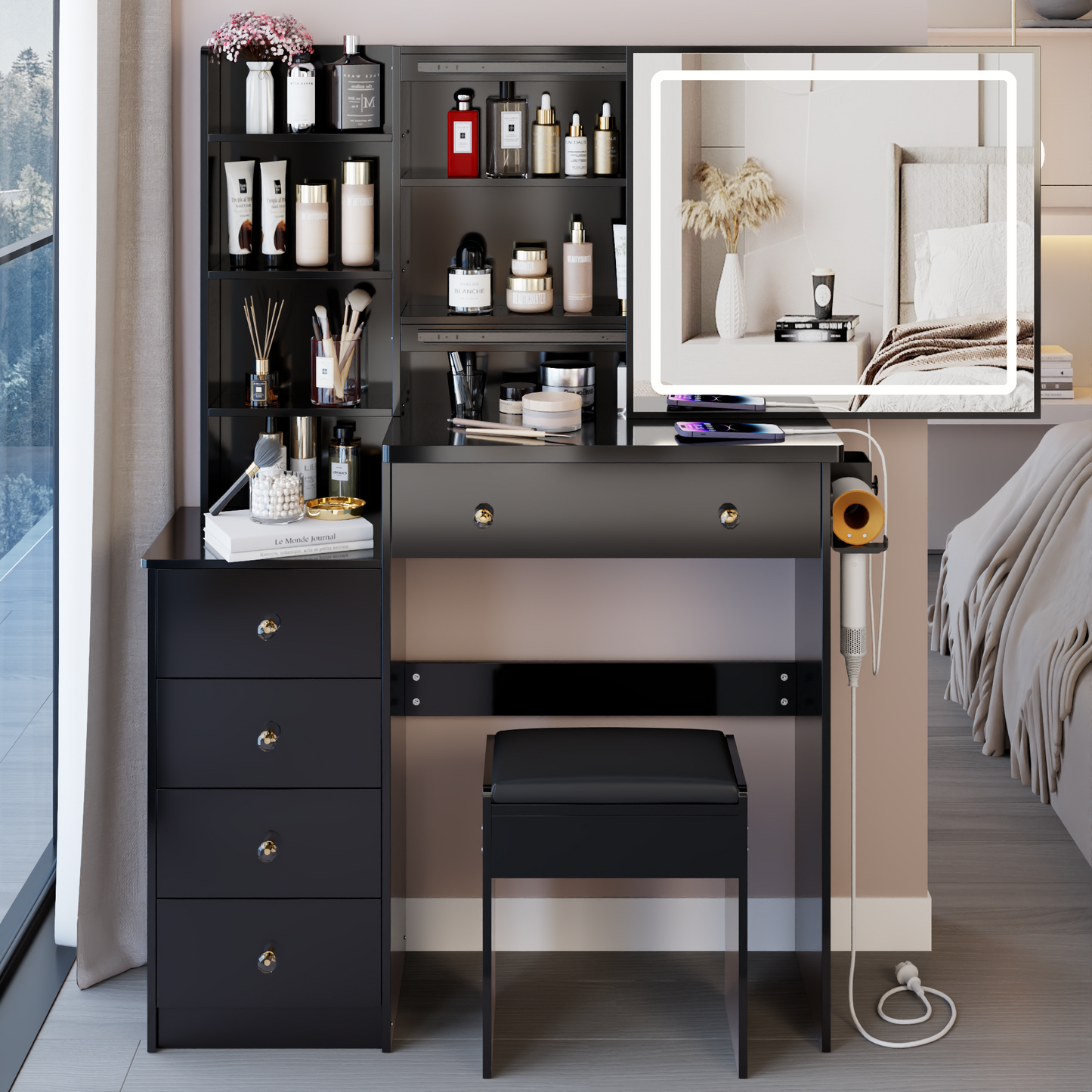 37' Middle Size Left Bedside Cabinet Vanity Table + Cushioned Stool Dresser Set, 2 AC+2 USB Socket, Hair Dryer Stand, Large Touch Control LED Sliding Mirror, 3-color Switch, EPA, GCC, UL Certificate