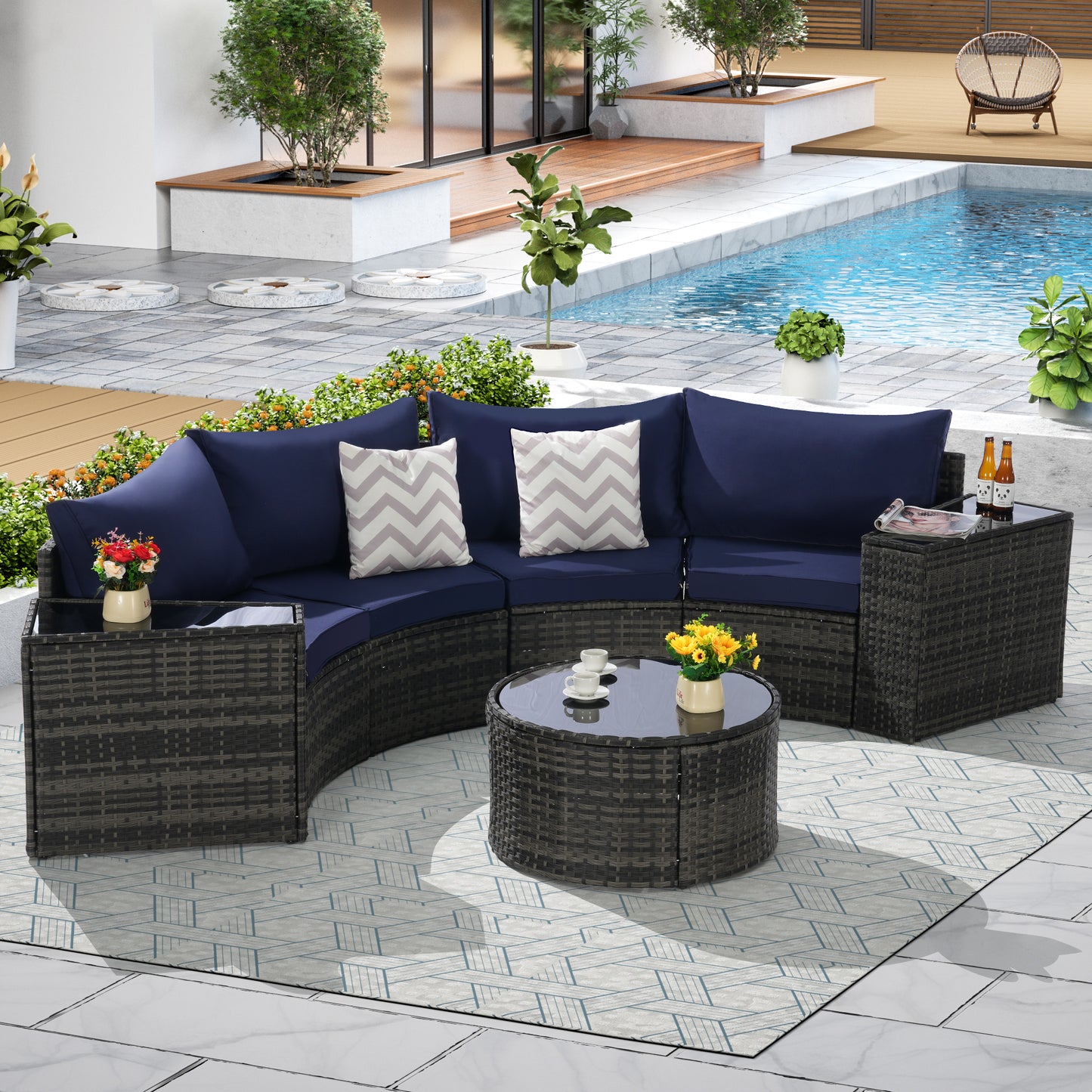 Outdoor Patio Furniture 7-Piece Half-Moon Sectional Round Patio Furniture Set Sofa with Tempered Glass Round Coffee Table