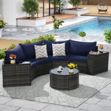 Outdoor Patio Furniture 7-Piece Half-Moon Sectional Round Patio Furniture Set Sofa with Tempered Glass Round Coffee Table