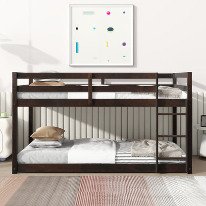 Solid Wooden , Solid Rubber Wooden Twin over Twin Floor Bunk Bed with Ladder ,Upper and Bottom Bed Platforms crafted with Strengthened Slats,Espresso