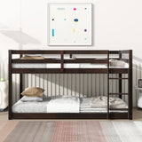 Solid Wooden , Solid Rubber Wooden Twin over Twin Floor Bunk Bed with Ladder ,Upper and Bottom Bed Platforms crafted with Strengthened Slats,Espresso