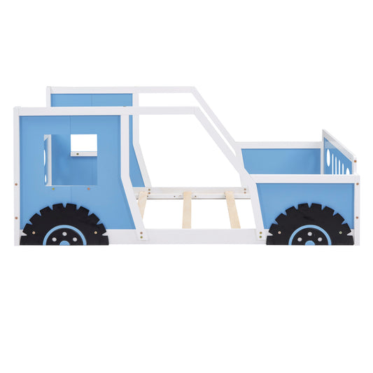 Blue Twin Size Classic Car-Shaped Platform Bed with Wheels, Pine Wood and MDF, 77.4''L x 41.7''W x 32''H