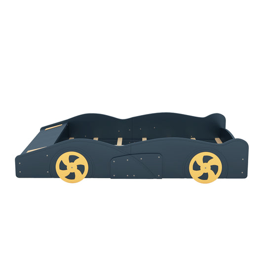 Dark Blue+Yellow Race Car-Shaped Full Size Platform Bed with Wheels and Storage, Pine Wood+MDF