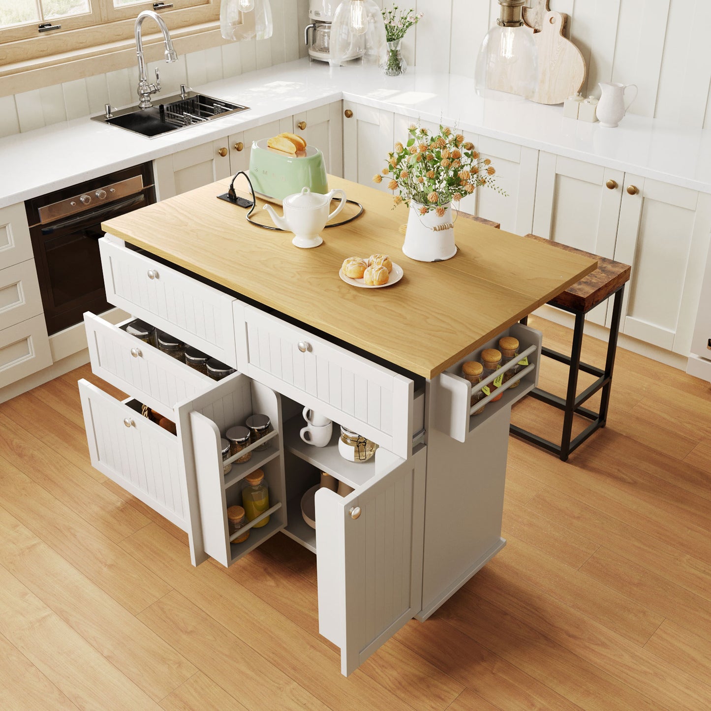 [Product Display Video Available]TOPMAX Farmhouse Kitchen Island with Drop Leaf and 2 Seatings, Kitchen Table Set with Storage Cabinet, Drawers, Door Shelves and Power Outlet, White