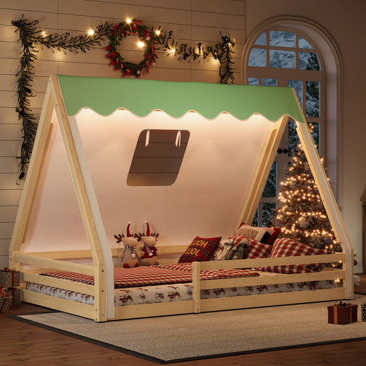 Full Size House Floor Bed with Tent and Light, Solid Wood Teepee Floor Bed with Full-length Guardrails, Montessori and Childlike Design,Natural+Green