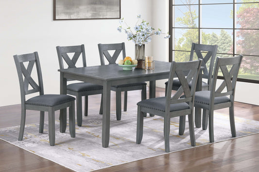 Gray Finish Dining Table 6x Chairs 7pcs Dining Set Cushion Seat Nailhead X-Cross Back Chairs Dining Room Furniture Modern Style