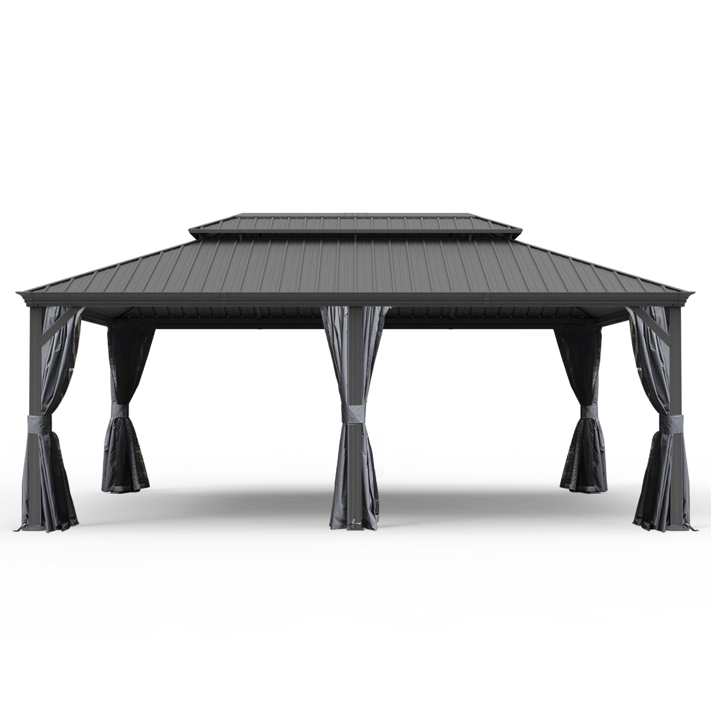 14' X 20' Hardtop Gazebo, Upgraded Metal Gazebo with Drainage System, Dual-Layer Galvanized Steel Roof, Curtain and Netting, Outdoor Shelter Canopy for Patio, Garden, and Backyard, Grey