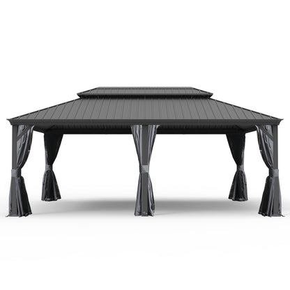14' X 20' Hardtop Gazebo, Upgraded Metal Gazebo with Drainage System, Dual-Layer Galvanized Steel Roof, Curtain and Netting, Outdoor Shelter Canopy for Patio, Garden, and Backyard, Grey