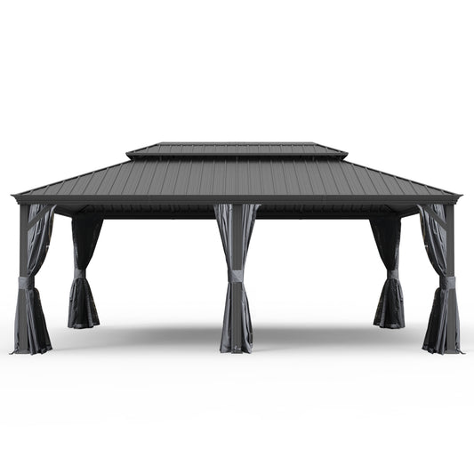 14' X 20' Hardtop Gazebo, Upgraded Metal Gazebo with Drainage System, Dual-Layer Galvanized Steel Roof, Curtain and Netting, Outdoor Shelter Canopy for Patio, Garden, and Backyard, Grey