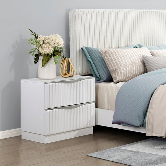 Luxurious Pearl White Finish Nightstand of Two Drawers Textured Panel Sleek Handles Glam Bedroom Furniture 1pc Bedside Cabinet