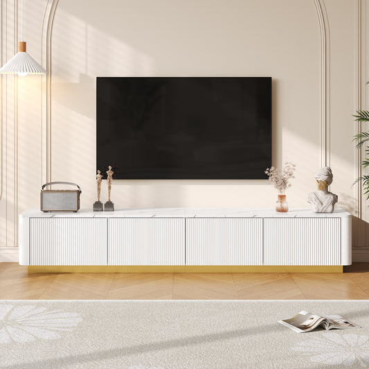 ON-TREND Luxury Fluted TV Stand for TVs Up to 85', Faux Marble Tabletop Media Console with 4 Drawers, Curved Profile Design, Modern Entertainment Center with Gold Base for Living Room, White
