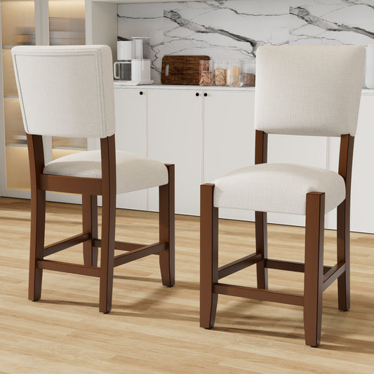 Mid Century Modern Bar Stools Set of 2, 40.4' Counter Stools with Back, Linen Upholstered Barstools with Solid Wood Legs Bar Chairs for Kitchen Island Dining Room, Beige