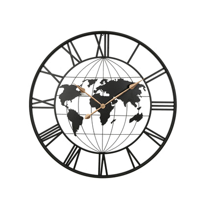 36 Inch Large Black Metal Wall Clock, Modern Silent World Map Wall Clock with Gold Pointers, Decorative for Living Room, Entryway, Dinning Room, Bedroom