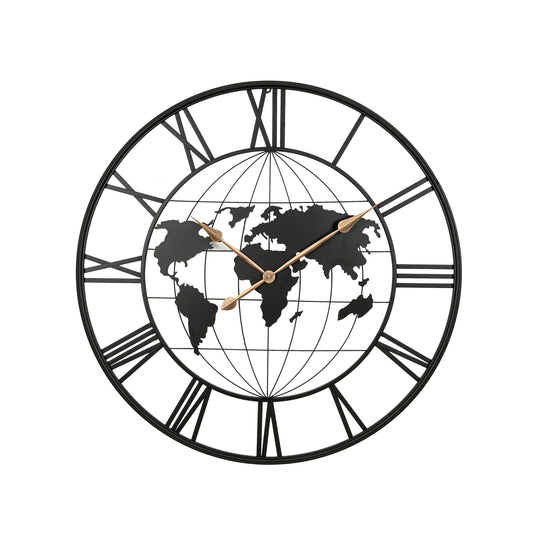 36 Inch Large Black Metal Wall Clock, Modern Silent World Map Wall Clock with Gold Pointers, Decorative for Living Room, Entryway, Dinning Room, Bedroom