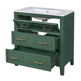 Retro Green Bathroom Vanity with Ceramic Sink, Free Standing Single Unit, 3 Drawer Storage Cabinet, Solid Wood Frame, 30''