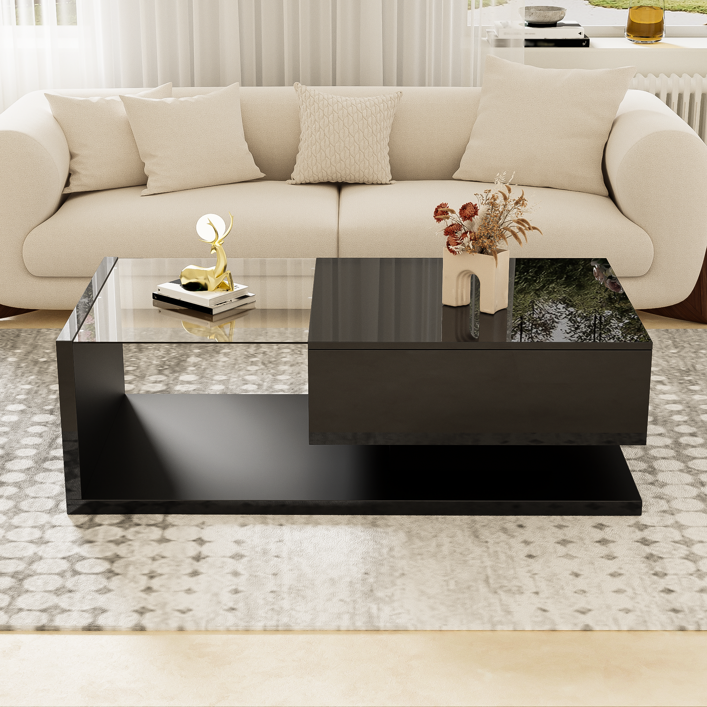 Coffee Table, High-Gloss Black, Side Tables, Coffee Tables with Glass and LED Effect