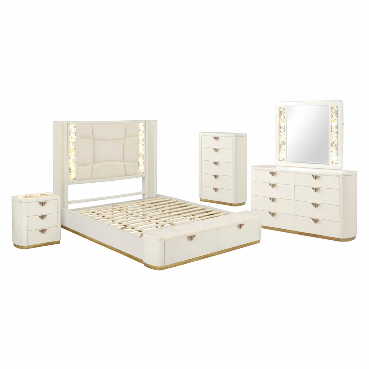La Pierre Modern 5-Piece Queen Bedroom Set with Upholstered LED Bed, Dresser, Mirror, Nightstand and Chest, High Gloss Contemporary Furniture