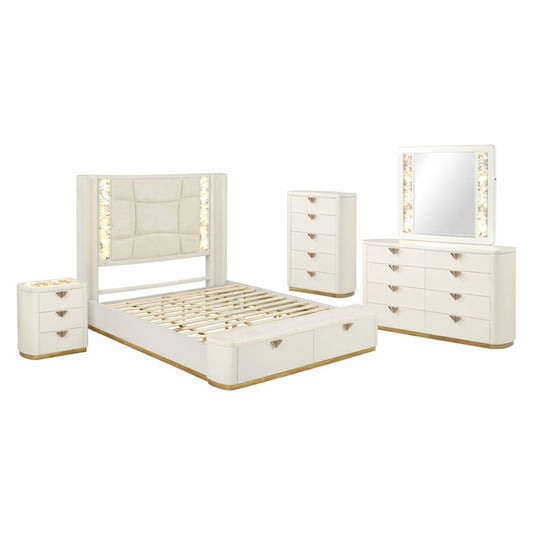 La Pierre Modern 5-Piece Queen Bedroom Set with Upholstered LED Bed, Dresser, Mirror, Nightstand and Chest, High Gloss Contemporary Furniture